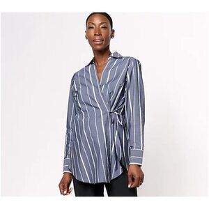 Studio Park x Leah Williams Woven Collared Wrap Shirt Graphite Stripe Medium